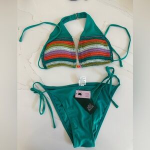 Two piece Bikini, Teal, Juniors, Medium, Brand New, Crotchet top, multi color